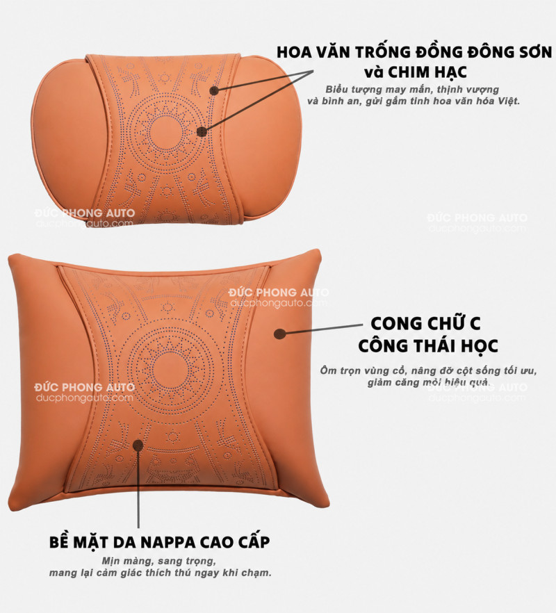Bộ Gối tựa đầu, gối tựa lưng ô tô cao cấp Nappa - Hoa văn trống đồng ấn tượng, nhiều mầu 18 Gối đầu ô tô da Nappa cao cấp Đức Phong Auto