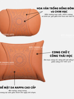 Bộ Gối tựa đầu, gối tựa lưng ô tô cao cấp Nappa - Hoa văn trống đồng ấn tượng, nhiều mầu 6 Gối đầu ô tô da Nappa cao cấp Đức Phong Auto